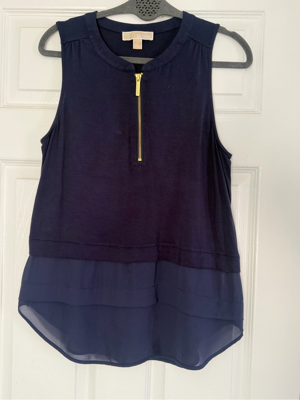 Michael Kors Navy Sleeveless Zip-Front Layered Hem Camisole